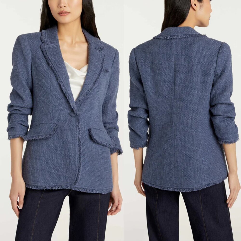 Cinq à Sept Boucle Khloe Tweed Fringe Trim Blazer, Dusty Blue, Size US 0 - Picture 2 of 10